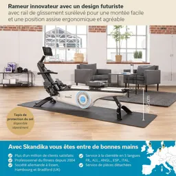 Innovativer Ruderergometer mit futuristischem Design auf einem Teppich in einem hellen Raum mit Fenstern und Pflanzen.