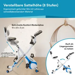 Fahrrad mit verstellbarer Sattelhöhe, ergonomischem Sitz und breiter Rückenlehne vor einer hellen Wand.