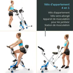 Fitnessgerät in drei Ansichten: Heimtrainer mit verschiedenen Positionen und Zubehör für das Training der Beine und Arme.