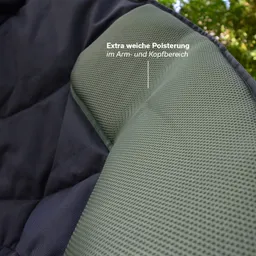 Polsterung eines Stuhls in grün und schwarz, mit Text zur weichen Polsterung im Arm- und Kopfbereich.