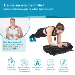 Zwei Personen in Sportkleidung. Eine Person macht Plank auf einem Vibrationsgerät, die andere hält Kurzhanteln. Text und Symbole informieren über Trainingseffekte.