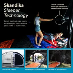 Zeltinnere mit einer Person, die auf einem Schlafsack sitzt, und zwei anderen, die auf Schlafsäcken liegen. Darunter Bilder von Zeltvarianten.