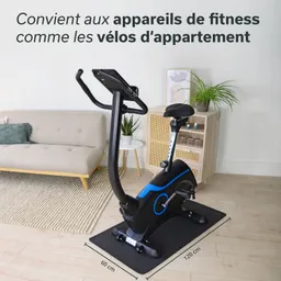 Ein Heimfahrrad steht auf einer Matte in einem modernen Raum mit einem Sofa und einem Sideboard. Pflanzen sind sichtbar.