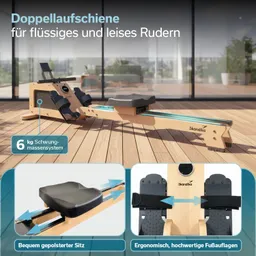 Rudergerät aus Holz mit doppelter Aufschiene, gepolstertem Sitz und hochwertigen Fußauflagen, in hell erleuchtetem Raum.