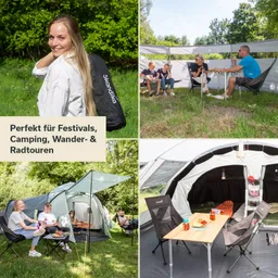 Eine Frau mit Rucksack steht im Freien. Vier Personen sitzen um einen Tisch in einem Zelt, während zwei Personen in einem anderen Zelt sitzen.