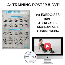 Training Poster mit 24 Übungen zur Regeneration, Stabilisation und Kräftigung, DVD und Computerbildschirm mit Video.