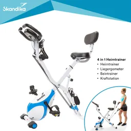 Heimtrainer in Weiß und Blau mit zwei Sitzen, Pedalen und einem Handgriff. Neben dem Gerät steht eine Person.