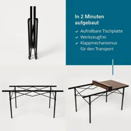 Klappbarer Tisch im Aufbau. Oben ein gefalteter Tisch, unten zwei Ansichten eines geöffneten, stabilen Tisches.
