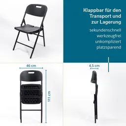 Schwarzer, klappbarer Stuhl mit gepolsterter Sitzfläche und Rückenlehne, Maße sind angegeben. Hintergrund einfarbig.