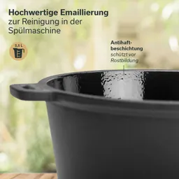 Schwarzer Topf mit emaillierter Oberfläche, große Griffe und Hinweise zur Reinigung in der Spülmaschine. 3,5 l.