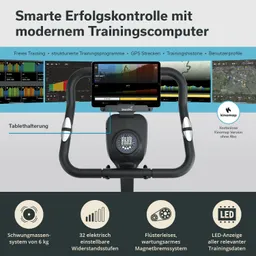 Trainingscomputer mit Tablet-Halterung, Anzeige für Trainingsdaten, Widerstandseinstellungen und Grafiken. Schwebungsmasse und magnetisches Bremssystem hervorgehoben.
