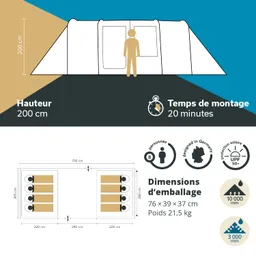 Zelt mit einer Höhe von 200 cm, Platz für 8 Personen, Montagezeit 20 Minuten, Maße und technische Details angezeigt.