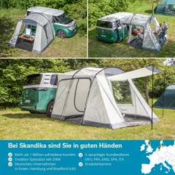 Zelt in heller Farbe neben einem grünen Fahrzeug auf einer Wiese, umgeben von Bäumen. Im Hintergrund ein weiteres Zelt.