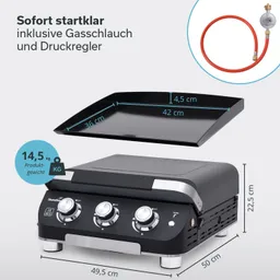 Gasgrill mit drei Drehknöpfen, abnehmbarem Grillaufsatz und Maßangaben. Gasanschluss samt Schlauch und Druckregler dargestellt.