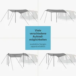 Abbildung eines Zeltes mit verschiedenen Aufbauvarianten. Graues Zeltplane und zusätzliche Stangen werden erwähnt.