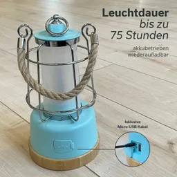 Akku-Lampe in blau mit Griff, Metallgitter und Holzfuß. Auf dem Boden sichtbar. Ladeanschluss im Bild hervorgehoben.