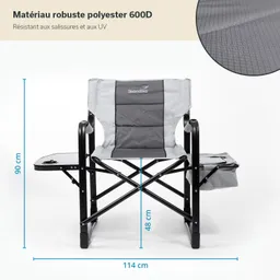 Faltstuhl in Grau mit schwarzen Metallgestell. Maße: 90 cm hoch, 114 cm breit, 48 cm tief. Seitenablage vorhanden.
