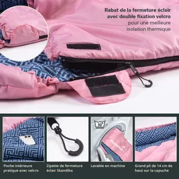 Rosa Daunenschlafsack mit blauem Innenfutter, Reißverschluss und Klettverschluss. Zusätzliche Innen- und Waschhinweise.