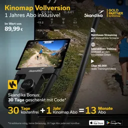 Werbung für Skandika Fitnessgeräte mit einem Tablet, das Trainingsdaten anzeigt. Hinweise zu einem 1-Jahres-Abo für Kinomap.