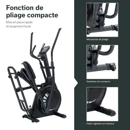 Ellipsentrainer mit Auffangvorrichtung, Display, Klappmechanismus, Transportrollen und höhenverstellbaren Füßen.