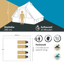 Zelt mit Tür, Stehhöhe von 260 cm, Platz für 4 Personen. Maße 350 x 290 cm, Aufbau in 20 Minuten, Gewicht 35 kg.