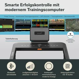 Fitnessgerät mit Tablet-Halterung, Bedienfeld und Display. Funktionen: Bluetooth, Geschwindigkeitsregelung und Steigungsanpassung.