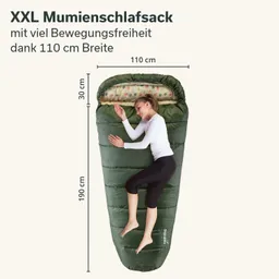XXL Mumien-Schlafsack in Grün, eine liegende Person mit langen Ärmeln und Hosen im Schlafsack. Maße: 110 cm Breite, 190 cm Länge, 30 cm Öffnung.