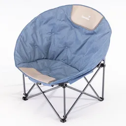 Runder, gepolsterter Campingstuhl mit blauer Stoffbespannung und grauem Gestell.