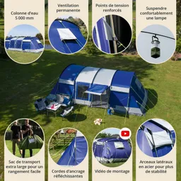 Zelt in Blau- und Grautönen auf einer Wiese, mit Stühlen und Tisch. Details zu Funktionen sind abgebildet.