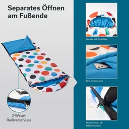 Schlafsack mit bunten Punkten, separat öffnend am Fußende, inklusive Kapuze, Innentasche und 2-Wege-Reißverschluss.