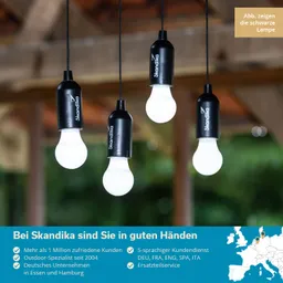 Hängelampe mit schwarzem Gehäuse und weißen Glühbirnen, unter einem Holzüberstand. Text mit Unternehmensinformationen in blauem Feld.
