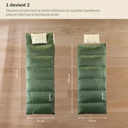 Zwei Schlafsäcke aus grünem Material mit Kissen, nebeneinander auf einem Holzfußboden. Maße sind angegeben.