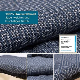 Baumwollflanellstoff in verschiedenen Blau- und Grautönen, ein Label mit Bewertung und Beschreibung des Materials.
