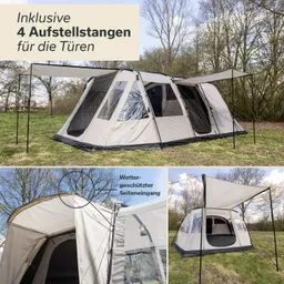 Zelt mit transparenten Fenstern und Seitenmarkise. Grünfläche und Bäume im Hintergrund. Hinweise auf Ausstattung.