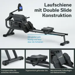 Rudergerät mit Wassertank und Display. Ergonomischer Sitz, Fußauflagen mit Klettverschluss, Transportrollen für einfache Bewegung.