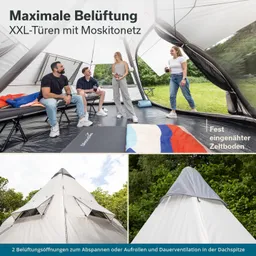 Zelt mit offenen XXL-Türen und Moskitonetz. Vier Personen sitzen und stehen im Zelt. Eingerichtete Schlafbereiche sichtbar.