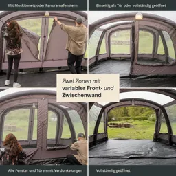 In einer Collage sind verschiedene Ansichten eines Zeltes gezeigt. Das Zelt hat abgedunkelte Fenster und Türen sowie eine variable Front- und Zwischenwand. Eine Person öffnet eine Tür, während eine andere Person am Boden sitzt.