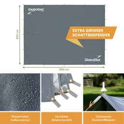 Großes, graues Sonnensegel mit Abmessungen, wasserdichtem Material und verstärkten Abspannpunkten. Schutzkappen am Ende.