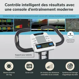 Konsole eines Heimtrainers mit LCD-Bildschirm, zwei Handgriffen und Tablet-Halterung. Grafiken im Hintergrund.