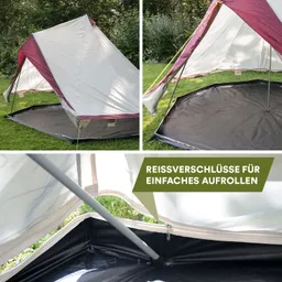 Zelt in zwei Ansichten auf Rasen, mit Reißverschlüssen und einem Gestänge im Innenbereich.