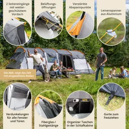 Zelt in der Natur mit zwei Eingängen, belüftungsöffnungen und drei Personen, die entspannt am Tisch sitzen.