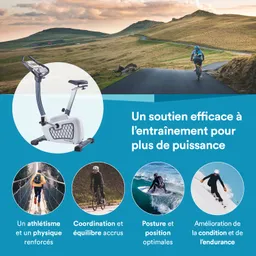 Ein Ergometer steht auf einem hellblauen Hintergrund. Darstellung von Outdoor-Aktivitäten wie Radfahren, Surfen und Wandern.