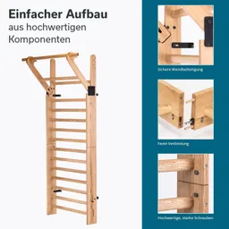 Holzgerät mit Sprossen und querem Griff, präsentiert in drei Detailansichten, zeigt Montage und Materialien.