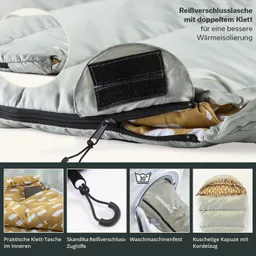 Schlafsack mit Reißverschluss, Klettverschlüssen, Innentasche und Kapuze. Farbliche Akzente und Waschhinweise sind sichtbar.