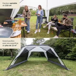 Personen stehen und sitzen unter einem großen Pavillon, der von Bäumen umgeben ist. Auf einem Tisch stehen Snacks und Getränke.