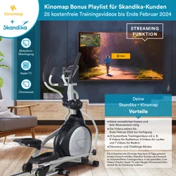 Ellipsentrainer im Vordergrund, Fernseher im Hintergrund zeigt Kinomaps Trainingsvideo. Informationen zur Skandika x Kinomap Kooperation.