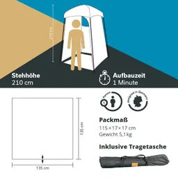 Zelt mit einer Stehhöhe von 210 cm, packmaß 115 x 17 x 17 cm, Gewicht 5,1 kg, inkl. Tragetasche, Aufbauzeit 1 Minute.