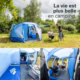 Ein blaues Zelt steht auf einer Wiese, umgeben von Bäumen. Zwei Personen sitzen an einem Tisch und genießen Essen. Innenansicht des Zeltes zeigt eine Fläche mit Matten und Campingstühlen.