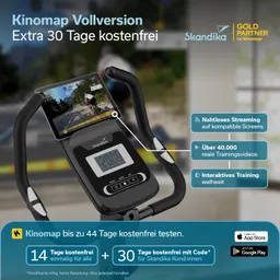 Ein Sportgerät mit einem Monitor, auf dem eine Radfahr-Trainingssession zu sehen ist. Informationen zu kostenfreien Testzeiträumen und Funktionen sind angezeigt.