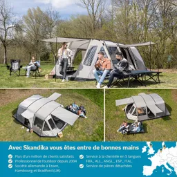 Zelt in der Natur, umgeben von Bäumen. Drei Personen sitzen am Zelt, eine Person steht. Weitere Detailansicht eines zweiten Zeltes.